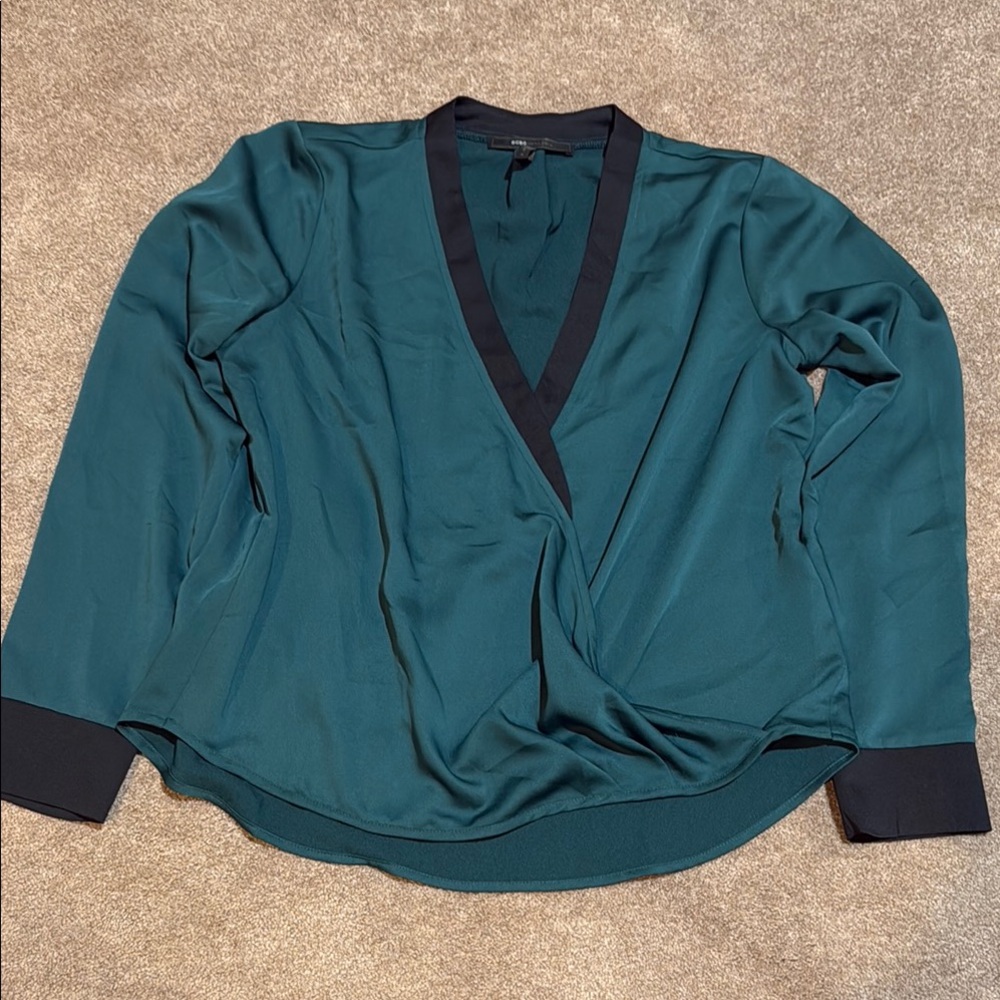 BCBGMaxAzria Teal Wrap Blouse with Black Trim